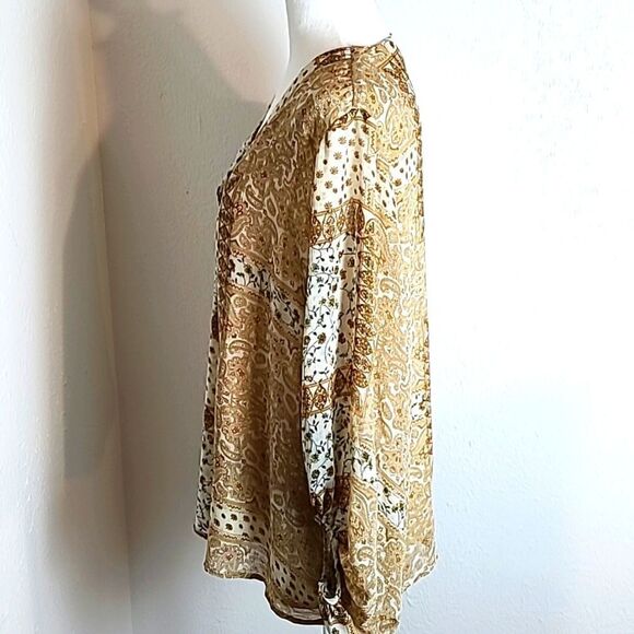 Entro Gold & Beige Floral Patchwork Blouse, Long Lantern Sleeves, Size XL - Picture 5 of 9